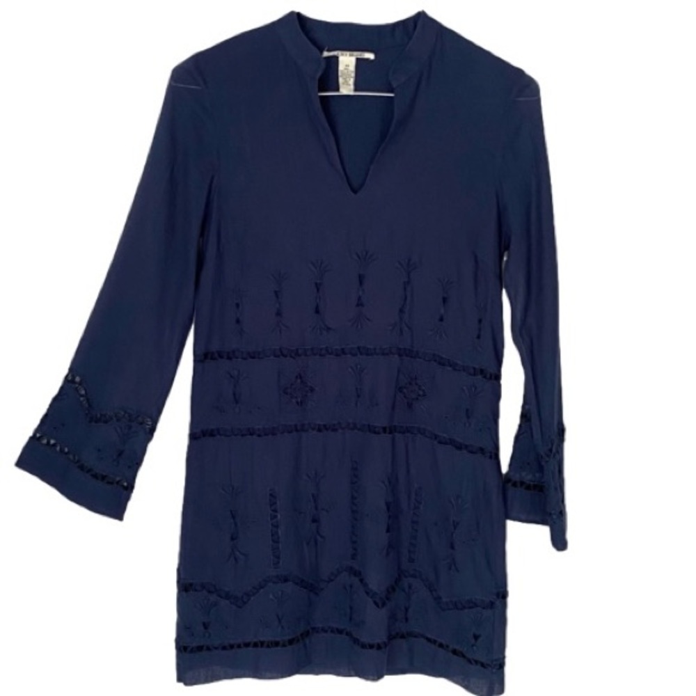 LUCKY BRAND Dress Embroidered Long Sleeve Lightweight Navy Blue Women Size XS